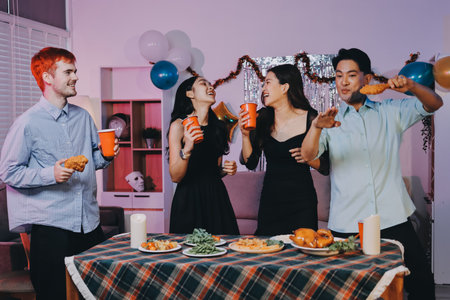 Diversity, dinner and group of people toast celebration together at party. Friends, happy and celebrate with food, wine and friendship for love, support and cheers champagne at business functionの写真素材