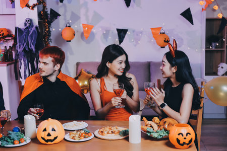Joyful Halloween party with coworkers in costumes, celebrating with drinks and laughter, fostering teamwork and festive spiritの写真素材