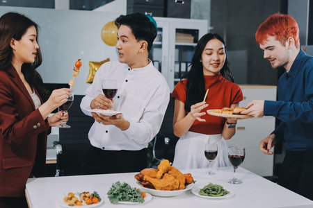 Diversity, dinner and group of people toast celebration together at party. Friends, happy and celebrate with food, wine and friendship for love, support and cheers champagne at business functionの写真素材