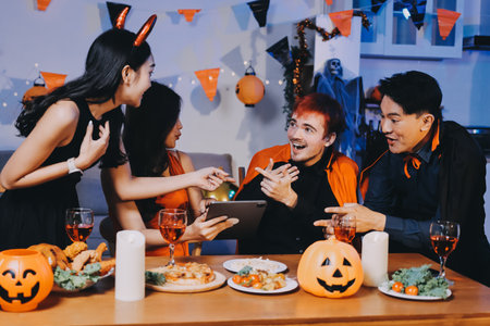 Joyful office Halloween party with coworkers in costumes, celebrating with drinks and laughter, fostering teamwork and festive spirit