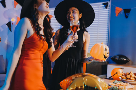 Joyful office Halloween party with coworkers in costumes, celebrating with drinks and laughter, fostering teamwork and festive spiritの写真素材