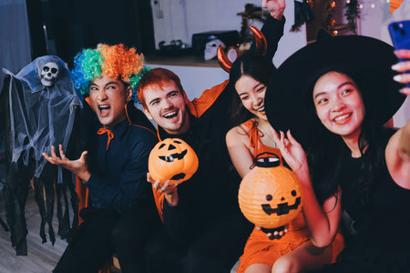 Joyful Halloween party with coworkers in costumes, celebrating with drinks and laughter, fostering teamwork and festive spiritの写真素材