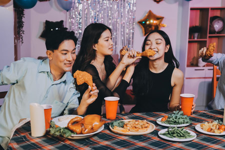 Diversity, dinner and group of people toast celebration together at party. Friends, happy and celebrate with food, wine and friendship for love, support and cheers champagne at business functionの写真素材