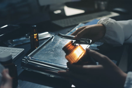 Female doctor holding a medicine bottle is checking the quality of medicine and recording patient information at the hospital. Medical and health care concept.の写真素材