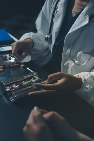 Female doctor holding a medicine bottle is checking the quality of medicine for any side effects the patient or not and recording patient information at the hospital. medical and health care conceptの写真素材