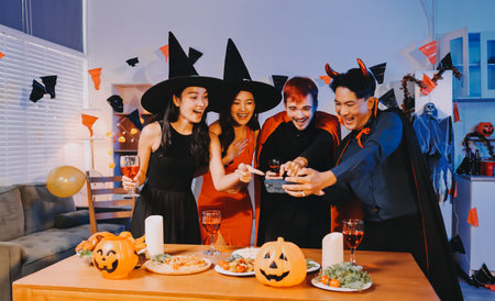 Joyful Halloween party with coworkers in costumes, celebrating with drinks and laughter, fostering teamwork and festive spiritの写真素材