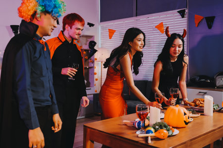 Joyful office Halloween party with coworkers in costumes, celebrating with drinks and laughter, fostering teamwork and festive spiritの写真素材