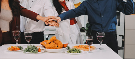 Diversity, dinner and group of people toast celebration together at party. Friends, happy and celebrate with food, wine and friendship for love, support and cheers champagne at business functionの写真素材