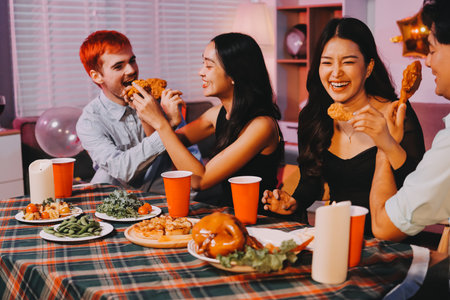 Diversity, dinner and group of people toast celebration together at party. Friends, happy and celebrate with food, wine and friendship for love, support and cheers champagne at business functionの写真素材