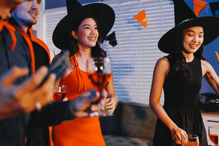 Joyful office Halloween party with coworkers in costumes, celebrating with drinks and laughter, fostering teamwork and festive spiritの写真素材