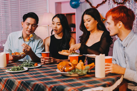 Diversity, dinner and group of people toast celebration together at party. Friends, happy and celebrate with food, wine and friendship for love, support and cheers champagne at business functionの写真素材