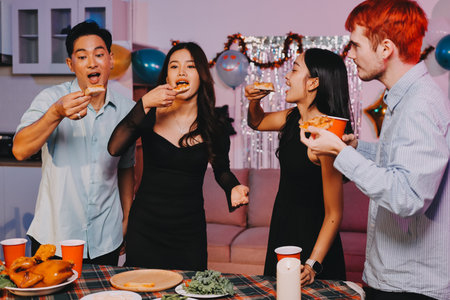 Diversity, dinner and group of people toast celebration together at party. Friends, happy and celebrate with food, wine and friendship for love, support and cheers champagne at business functionの写真素材