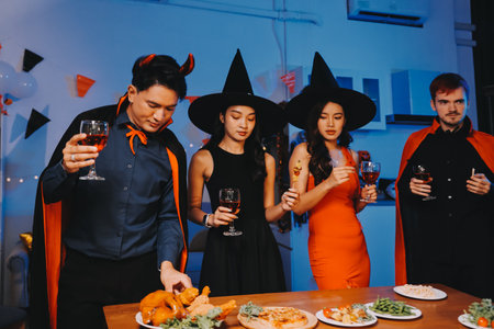 Joyful Halloween party with coworkers in costumes, celebrating with drinks and laughter, fostering teamwork and festive spiritの写真素材