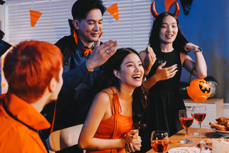 Joyful office Halloween party with coworkers in costumes, celebrating with drinks and laughter, fostering teamwork and festive spiritの写真素材