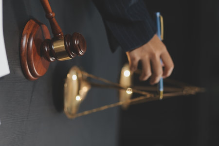 Law theme, mallet of the judge, law enforcement officers, evidence-based cases and documents taken...