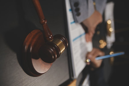 Law theme, mallet of the judge, evidence-based cases and documents taken into account.