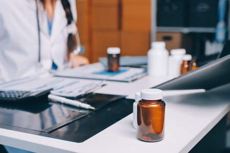 Group of doctors attending seminar in hospital lecture hall with senior physician giving medical presentation and professional training session on healthcare practicesの写真素材