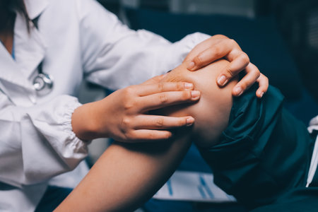 Rehabilitation therapy Professional male physiotherapists working in rehabilitation centers while treating male patients with leg and muscle pain.の写真素材