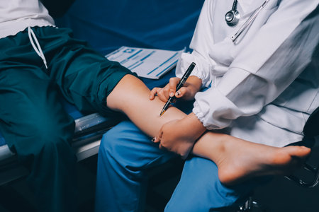 Rehabilitation therapy Professional male physiotherapists working in rehabilitation centers while treating male patients with leg and muscle pain.の写真素材