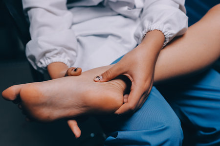 Rehabilitation therapy Professional male physiotherapists working in rehabilitation centers while treating male patients with leg and muscle pain.の写真素材