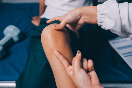 Rehabilitation therapy Professional male physiotherapists working in rehabilitation centers while treating male patients with leg and muscle pain.の写真素材