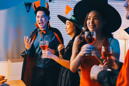 Joyful office Halloween party with coworkers in costumes, celebrating with drinks and laughter, fostering teamwork and festive spiritの写真素材