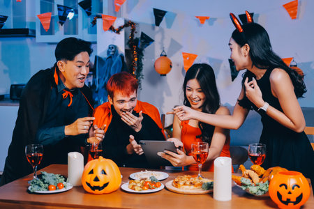 Joyful Halloween party with coworkers in costumes, celebrating with drinks and laughter, fostering teamwork and festive spiritの写真素材