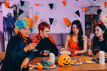 Joyful Halloween party with coworkers in costumes, celebrating with drinks and laughter, fostering teamwork and festive spiritの写真素材