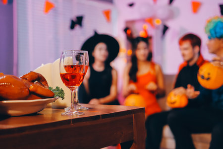 Joyful Halloween party with coworkers in costumes, celebrating with drinks and laughter, fostering teamwork and festive spiritの写真素材