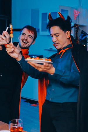 Joyful Halloween party with coworkers in costumes, celebrating with drinks and laughter, fostering teamwork and festive spiritの写真素材