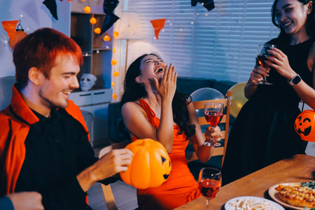 Joyful Halloween party with coworkers in costumes, celebrating with drinks and laughter, fostering teamwork and festive spiritの写真素材