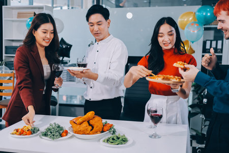 Diversity, dinner and group of people toast celebration together at party. Friends, happy and celebrate with food, wine and friendship for love, support and cheers champagne at business functionの写真素材