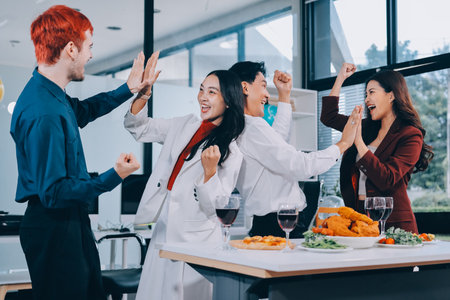 Diversity, dinner and group of people toast celebration together at party. Friends, happy and celebrate with food, wine and friendship for love, support and cheers champagne at business functionの写真素材