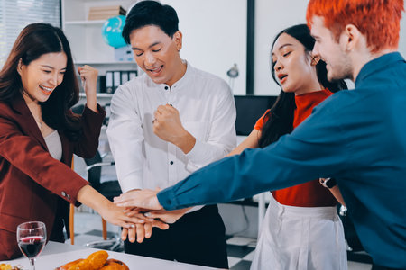 Diversity, dinner and group of people toast celebration together at party. Friends, happy and celebrate with food, wine and friendship for love, support and cheers champagne at business functionの写真素材