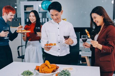 Diversity, dinner and group of people toast celebration together at party. Friends, happy and celebrate with food, wine and friendship for love, support and cheers champagne at business functionの写真素材