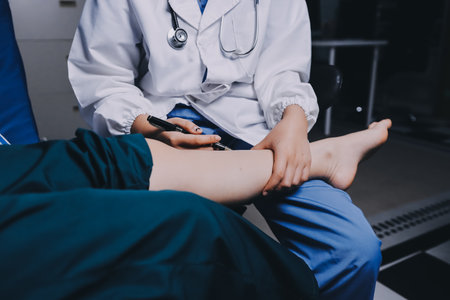 Rehabilitation therapy Professional male physiotherapists working in rehabilitation centers while treating male patients with leg and muscle pain.の写真素材