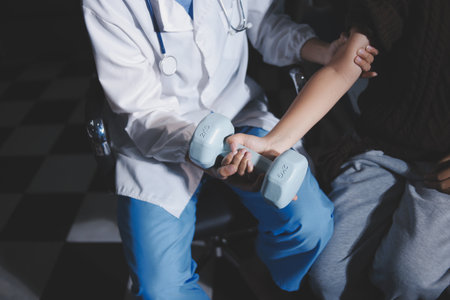 Old woman training with physiotherapist using dumbbells at home. Therapist assisting senior woman with exercises in nursing home. Elderly patient using dumbbells with outstretched arms.の写真素材
