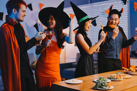 Joyful office Halloween party with coworkers in costumes, celebrating with drinks and laughter, fostering teamwork and festive spiritの写真素材