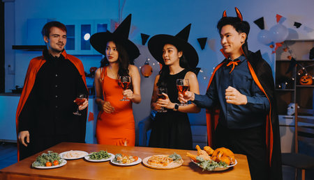 Joyful Halloween party with coworkers in costumes, celebrating with drinks and laughter, fostering teamwork and festive spiritの写真素材