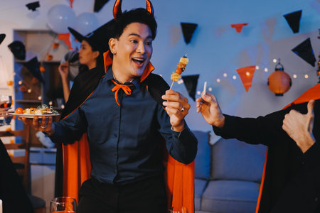 Joyful office Halloween party with coworkers in costumes, celebrating with drinks and laughter, fostering teamwork and festive spiritの写真素材