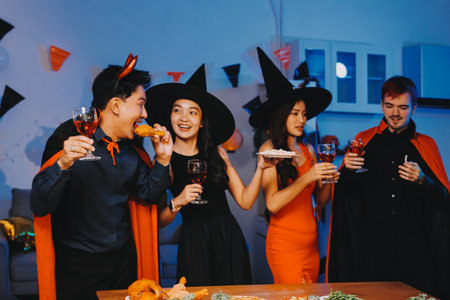 Joyful Halloween party with coworkers in costumes, celebrating with drinks and laughter, fostering teamwork and festive spiritの写真素材