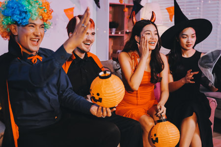 Joyful office Halloween party with coworkers in costumes, celebrating with drinks and laughter, fostering teamwork and festive spiritの写真素材