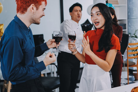 Diversity, dinner and group of people toast celebration together at party. Friends, happy and celebrate with food, wine and friendship for love, support and cheers champagne at business functionの写真素材