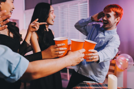 Diversity, dinner and group of people toast celebration together at party. Friends, happy and celebrate with food, wine and friendship for love, support and cheers champagne at business functionの写真素材