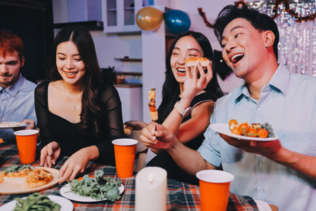 Diversity, dinner and group of people toast celebration together at party. Friends, happy and celebrate with food, wine and friendship for love, support and cheers champagne at business functionの写真素材