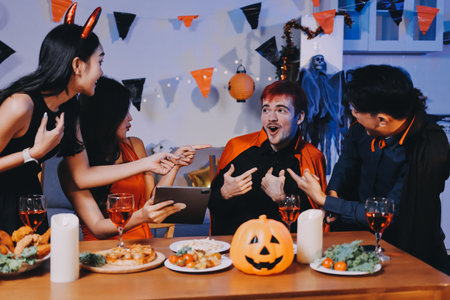 Joyful Halloween party with coworkers in costumes, celebrating with drinks and laughter, fostering teamwork and festive spiritの写真素材