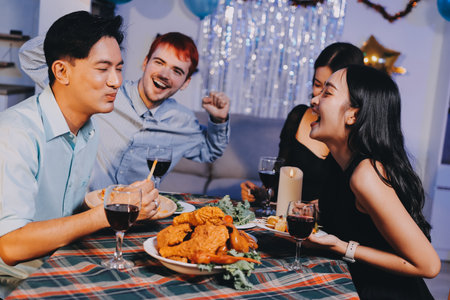 Diversity, dinner and group of people toast celebration together at party. Friends, happy and celebrate with food, wine and friendship for love, support and cheers champagne at business functionの写真素材