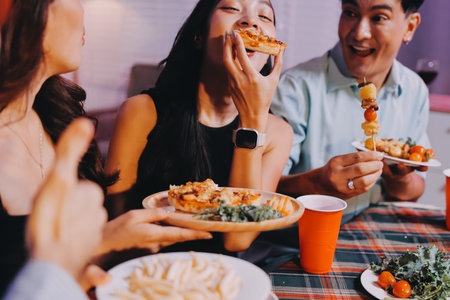 Diversity, dinner and group of people toast celebration together at party. Friends, happy and celebrate with food, wine and friendship for love, support and cheers champagne at business functionの写真素材