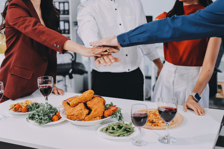 Diversity, dinner and group of people toast celebration together at party. Friends, happy and celebrate with food, wine and friendship for love, support and cheers champagne at business functionの写真素材