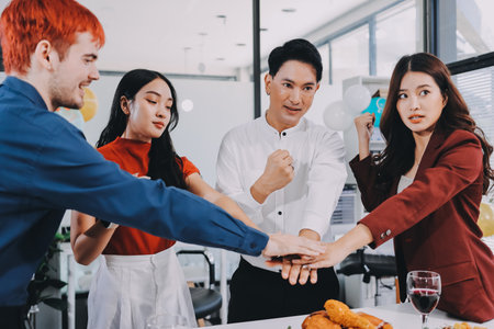 Diversity, dinner and group of people toast celebration together at party. Friends, happy and celebrate with food, wine and friendship for love, support and cheers champagne at business functionの写真素材